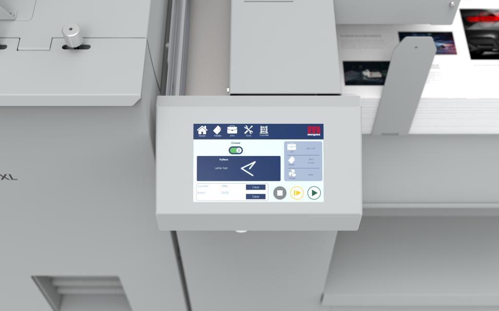 An intuitive colour touch screen with a run screen that gives you a complete overview of the job in progress. Basic adjustments can be made “on the run” and access to crease and fold patterns is simple. The user interface is available in multiple languages. With new ‘Auto-settings’, this truly unique function takes care of the roller gap settings, speed adjustment and fan settings, removing time-consuming adjustments of various settings.